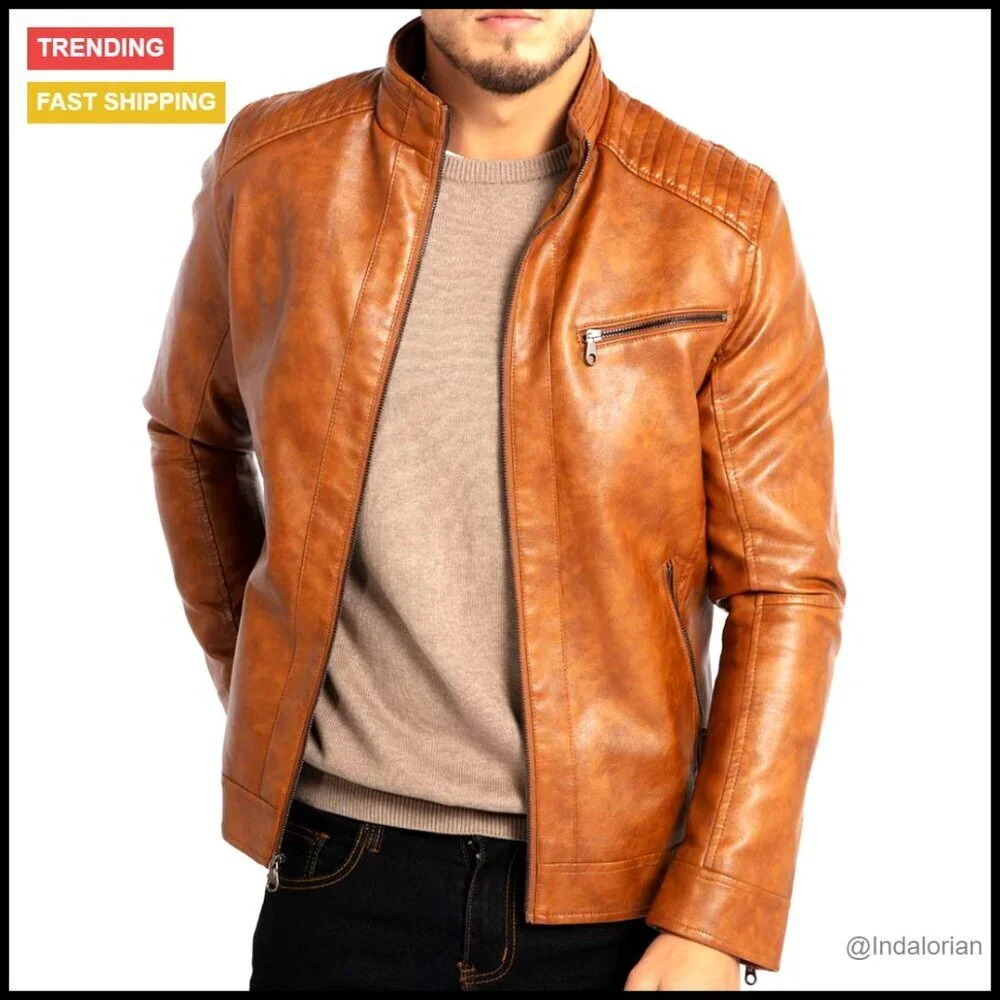 Stand Collar Faux Leather Motorcycle Jacket Lightweight Slim Fit Classic